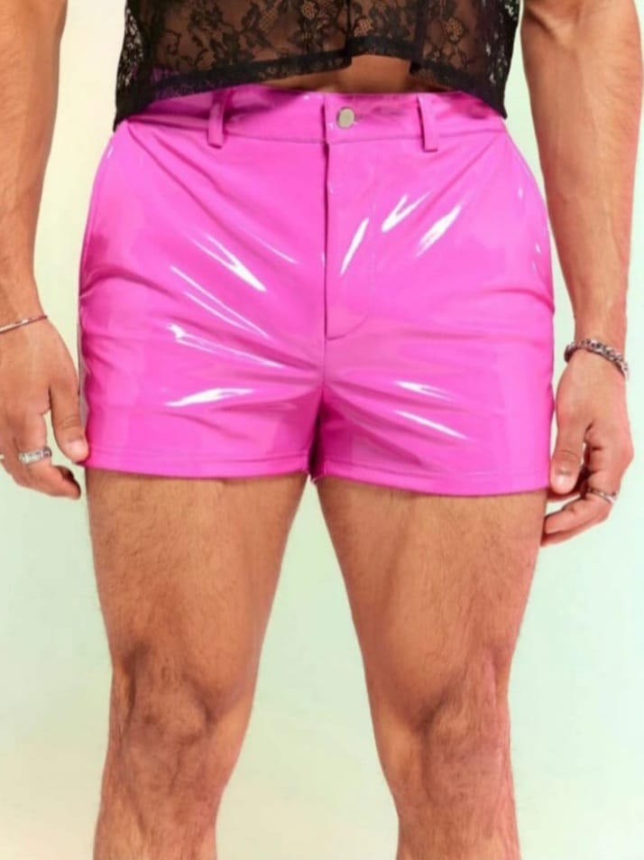 Men's Solid PU Leather Pink Shorts